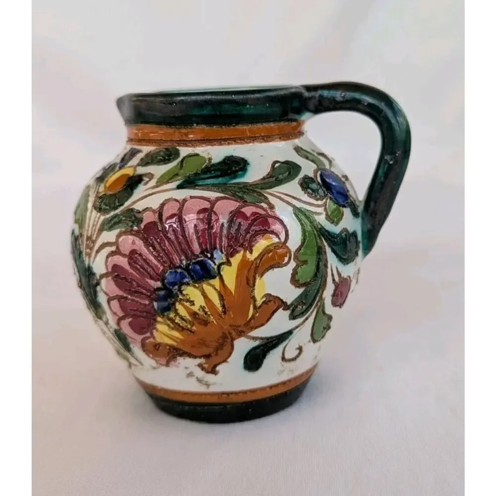 Vtg Italian Pottery Colorful Hand Painted Floral Pitcher 3.5